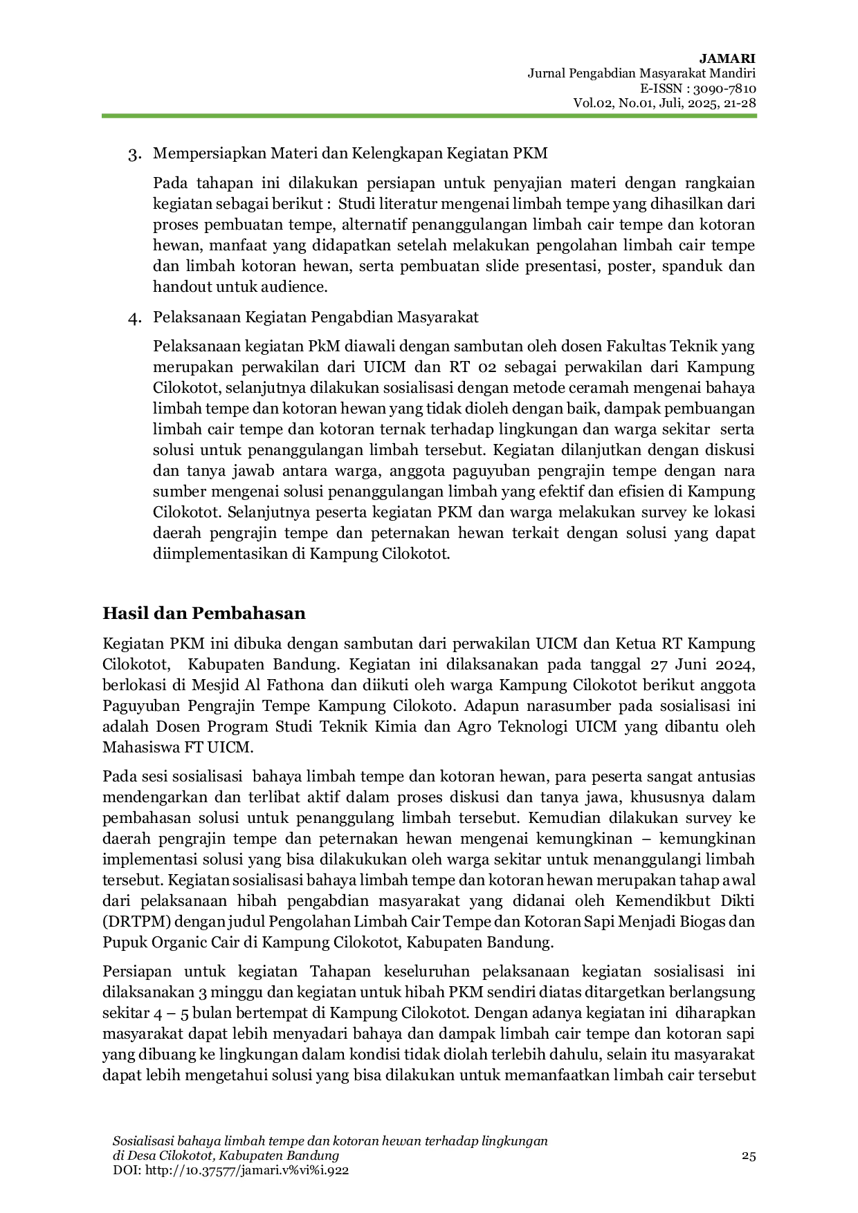 JURIS Sosialisasi Bahaya Limbah Tempe dan Kotoran Hewan Terhadap Lingkungan di Desa Cilokotot Kabupaten Bandung