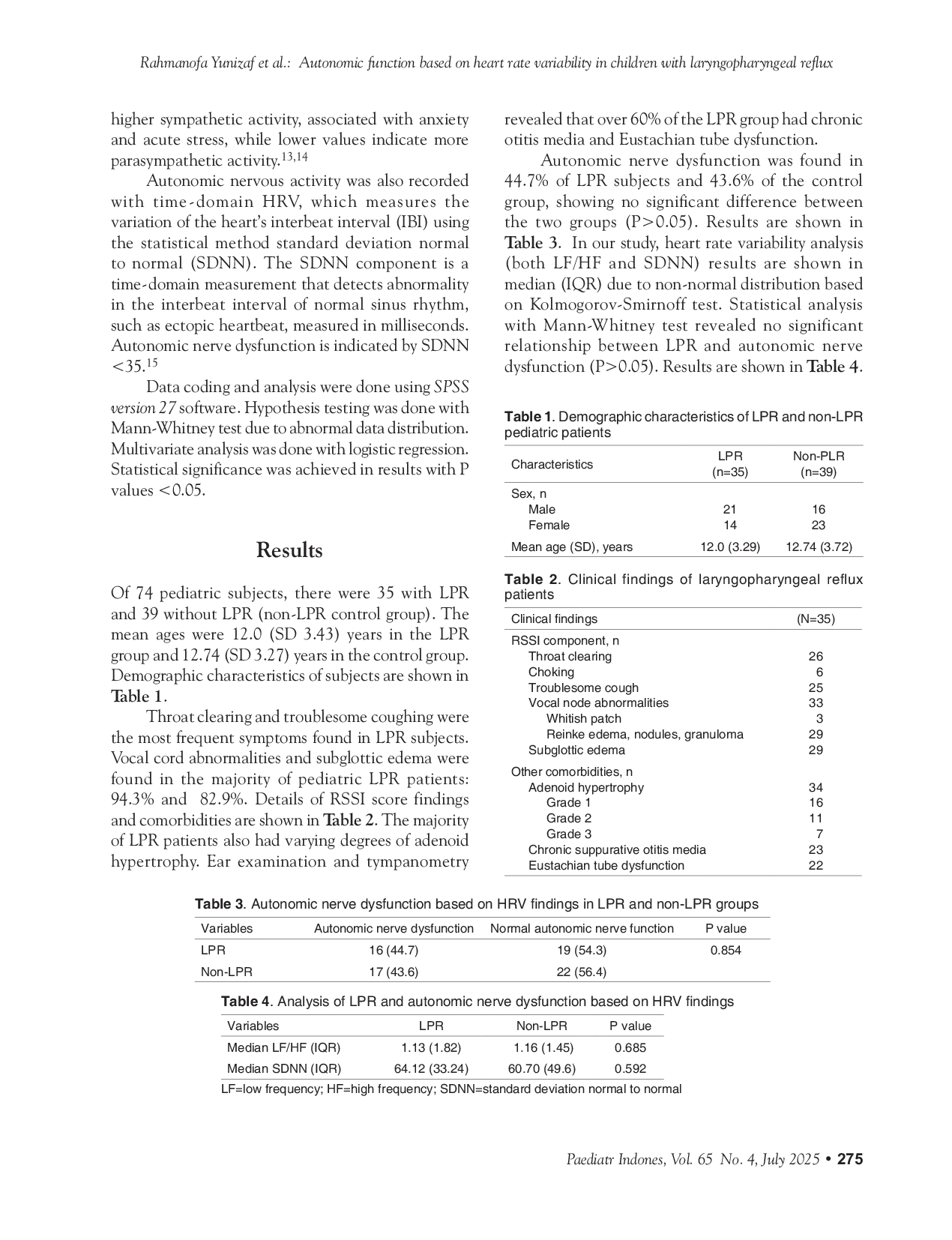 JURIS Autonomic function based on heart rate variability in children with laryngopharyngeal reflux