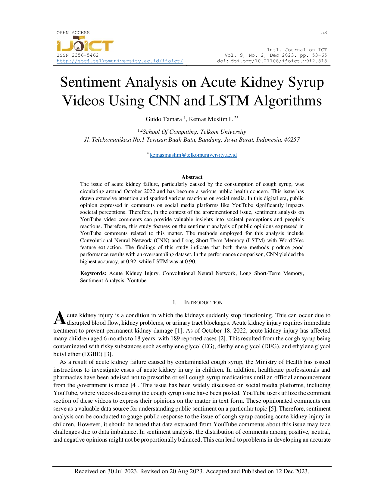 JURIS Sentiment Analysis on Acute Kidney Syrup Videos Using CNN and LSTM Algorithms Analisis Sentimen Tentang Isu Obat Sirup Penyebab Ginjal Akut pada Video di Youtube Menggunakan Algoritma CNN dan LSTM