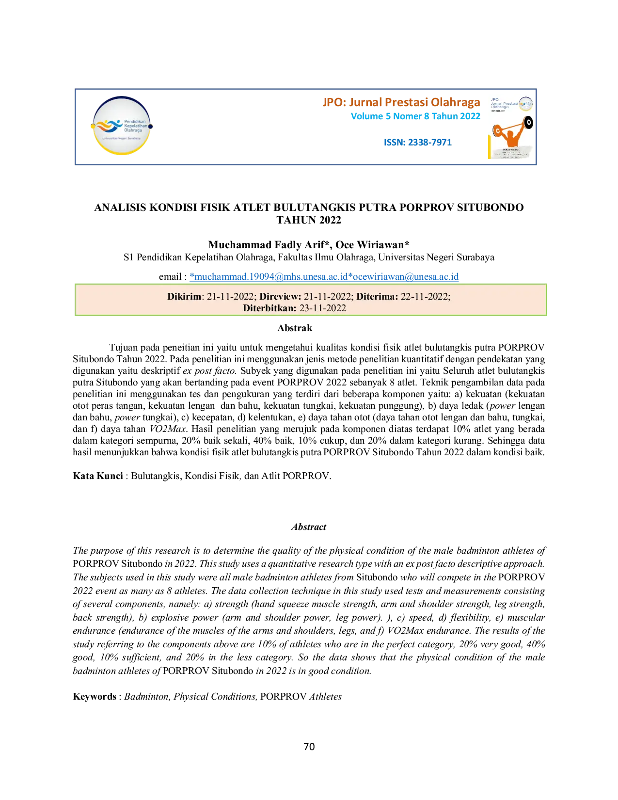 JURIS Analisis Kondisi Fisik Atlet Bulutangkis Putra Porprov Situbondo Tahun 2022