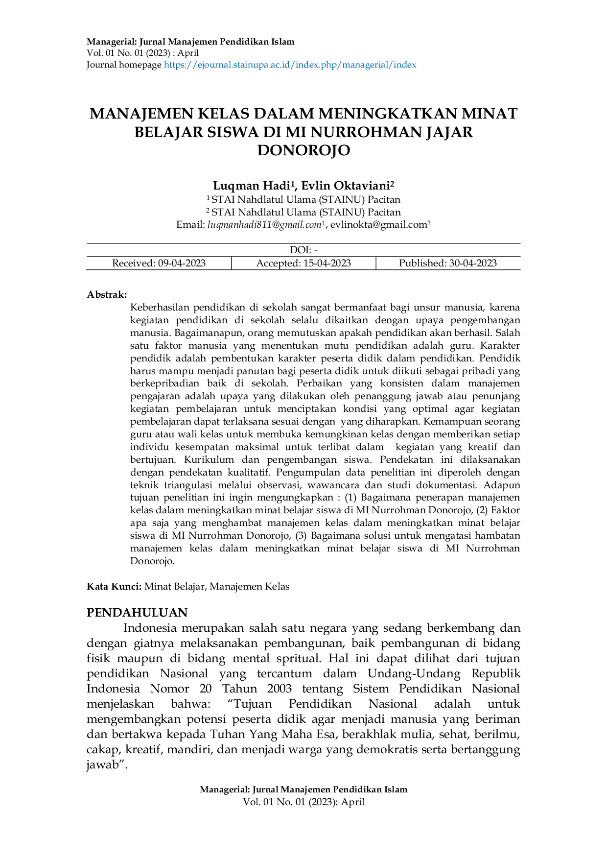 JURIS Manajemen Kelas Dalam Meningkatkan Minat Belajar Siswa Di Mi Nurrohman Jajar Donorojo