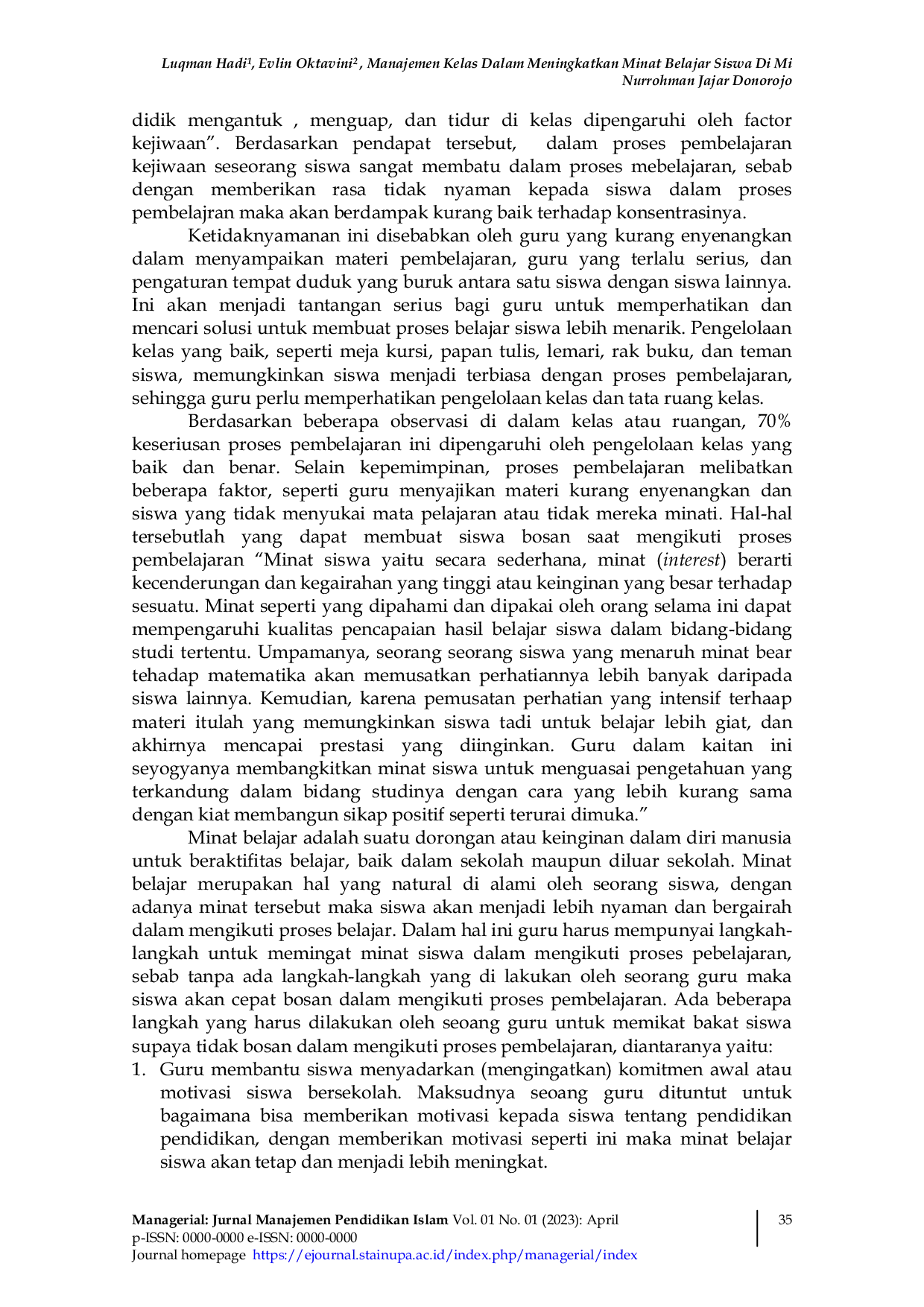 JURIS Manajemen Kelas Dalam Meningkatkan Minat Belajar Siswa Di Mi Nurrohman Jajar Donorojo