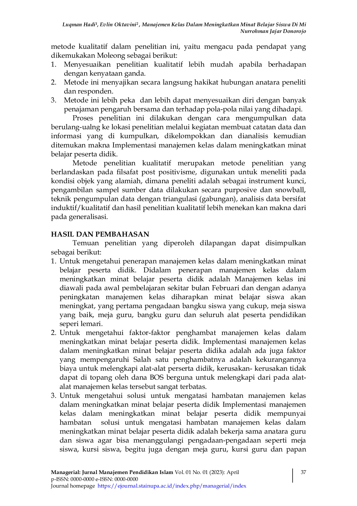 JURIS Manajemen Kelas Dalam Meningkatkan Minat Belajar Siswa Di Mi Nurrohman Jajar Donorojo