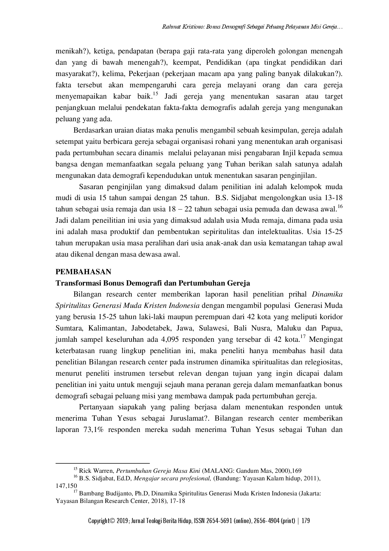 juris Bonus Demografi Sebagai Peluang Pelayanan Misi Gereja Di Kalangan Muda Mudi