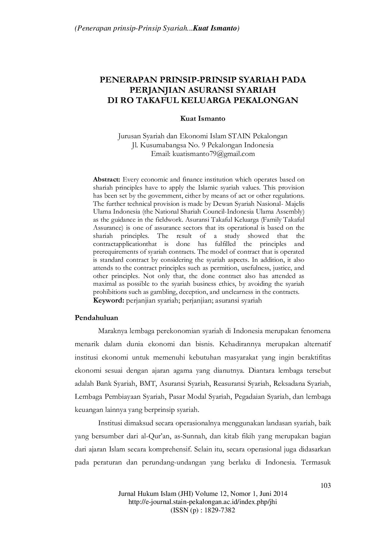 JURIS Penerapan Prinsip Prinsip Syariah Pada Perjanjian Asuransi Syariah Di Ro Takaful Keluarga Pekalongan