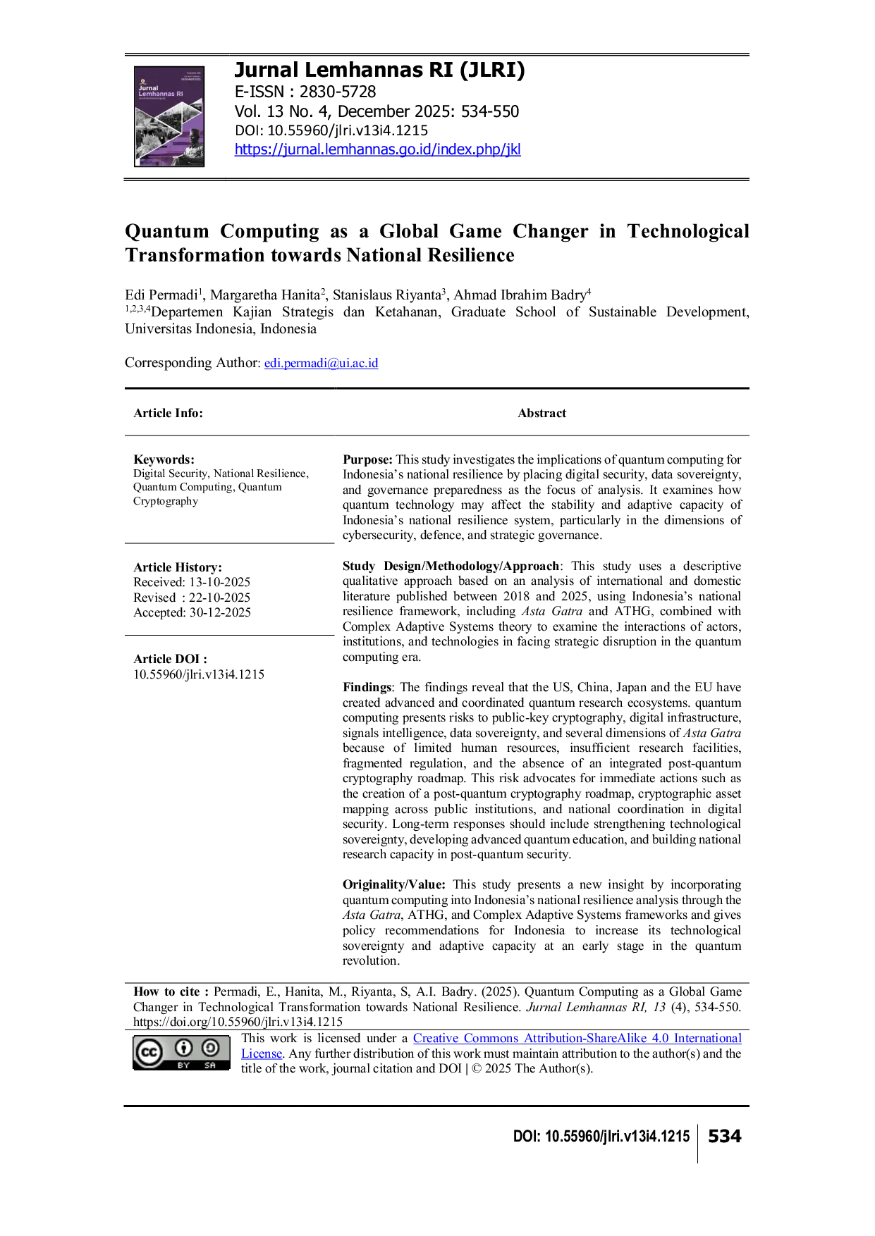 JURIS Quantum Computing as a Global Game Changer in Technological Transformation towards National Resilience