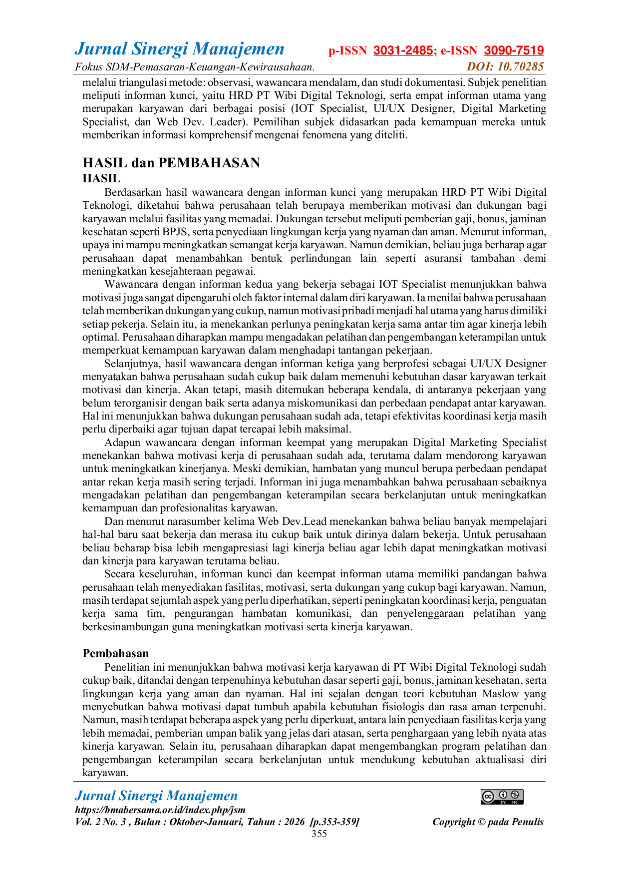 JURIS Analisis Motivasi Kerja dalam Meningkatkan Kinerja Karyawan di PT Wibi Digital Teknologi