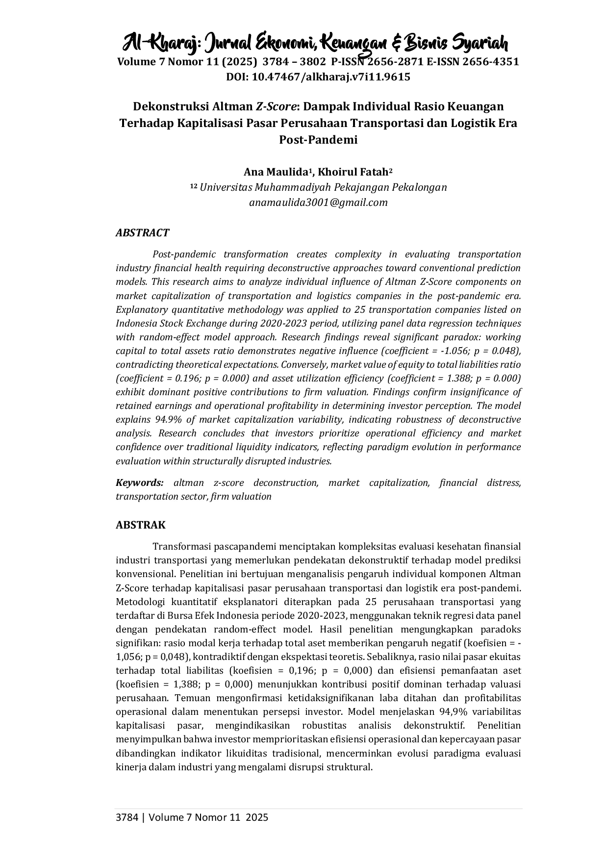 juris Dekonstruksi Altman Z Score Dampak Individual Rasio Keuangan Terhadap Kapitalisasi Pasar Perusahaan Transportasi dan Logistik Era Post Pandemi