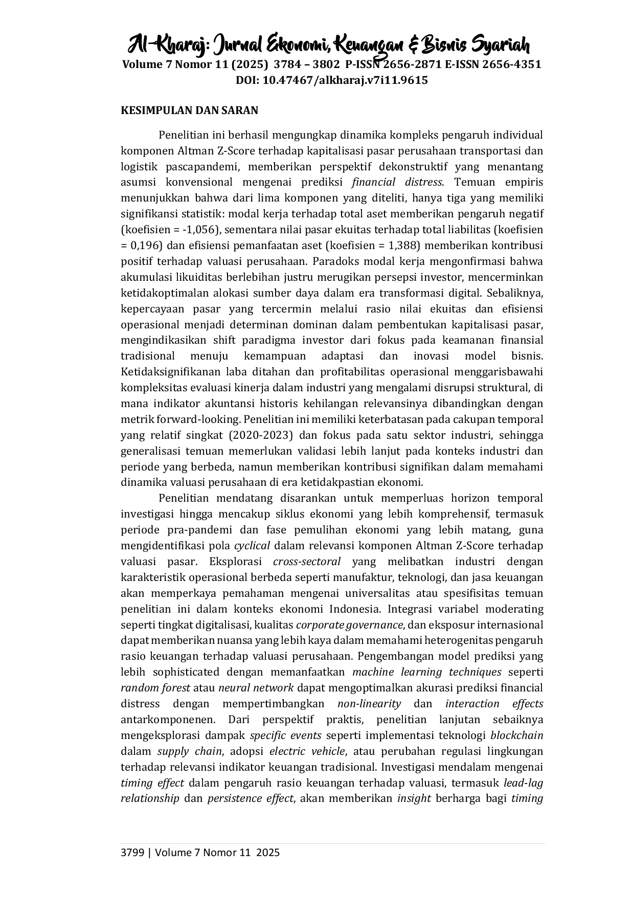 juris Dekonstruksi Altman Z Score Dampak Individual Rasio Keuangan Terhadap Kapitalisasi Pasar Perusahaan Transportasi dan Logistik Era Post Pandemi