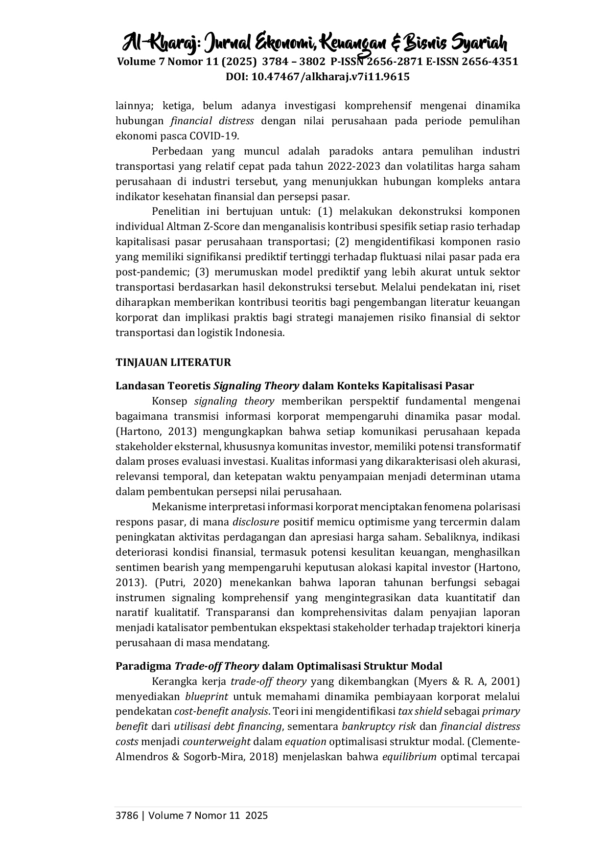 juris Dekonstruksi Altman Z Score Dampak Individual Rasio Keuangan Terhadap Kapitalisasi Pasar Perusahaan Transportasi dan Logistik Era Post Pandemi