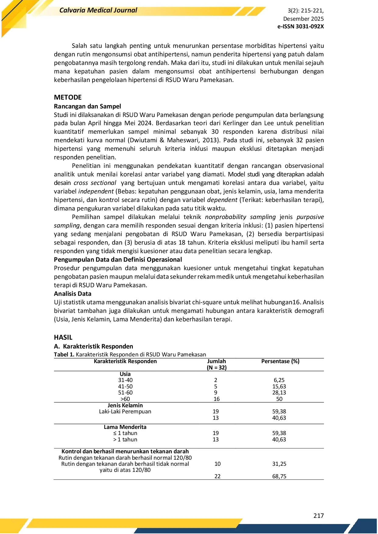 JURIS Hubungan Tingkat Kepatuhan Penggunaan Obat terhadap Keberhasilan Terapi Hipertensi di RSUD Waru Pamekasan pada Tahun 2024