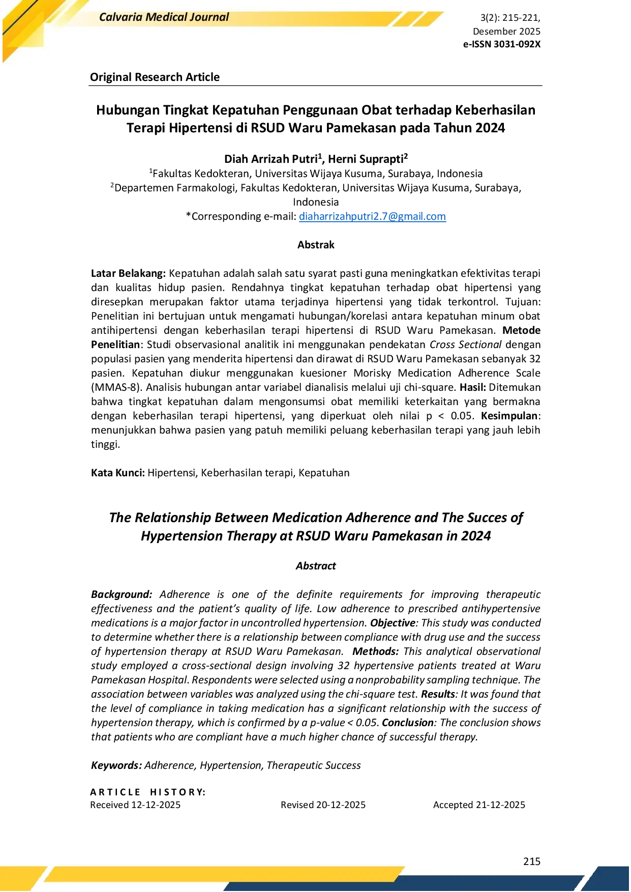 JURIS Hubungan Tingkat Kepatuhan Penggunaan Obat terhadap Keberhasilan Terapi Hipertensi di RSUD Waru Pamekasan pada Tahun 2024
