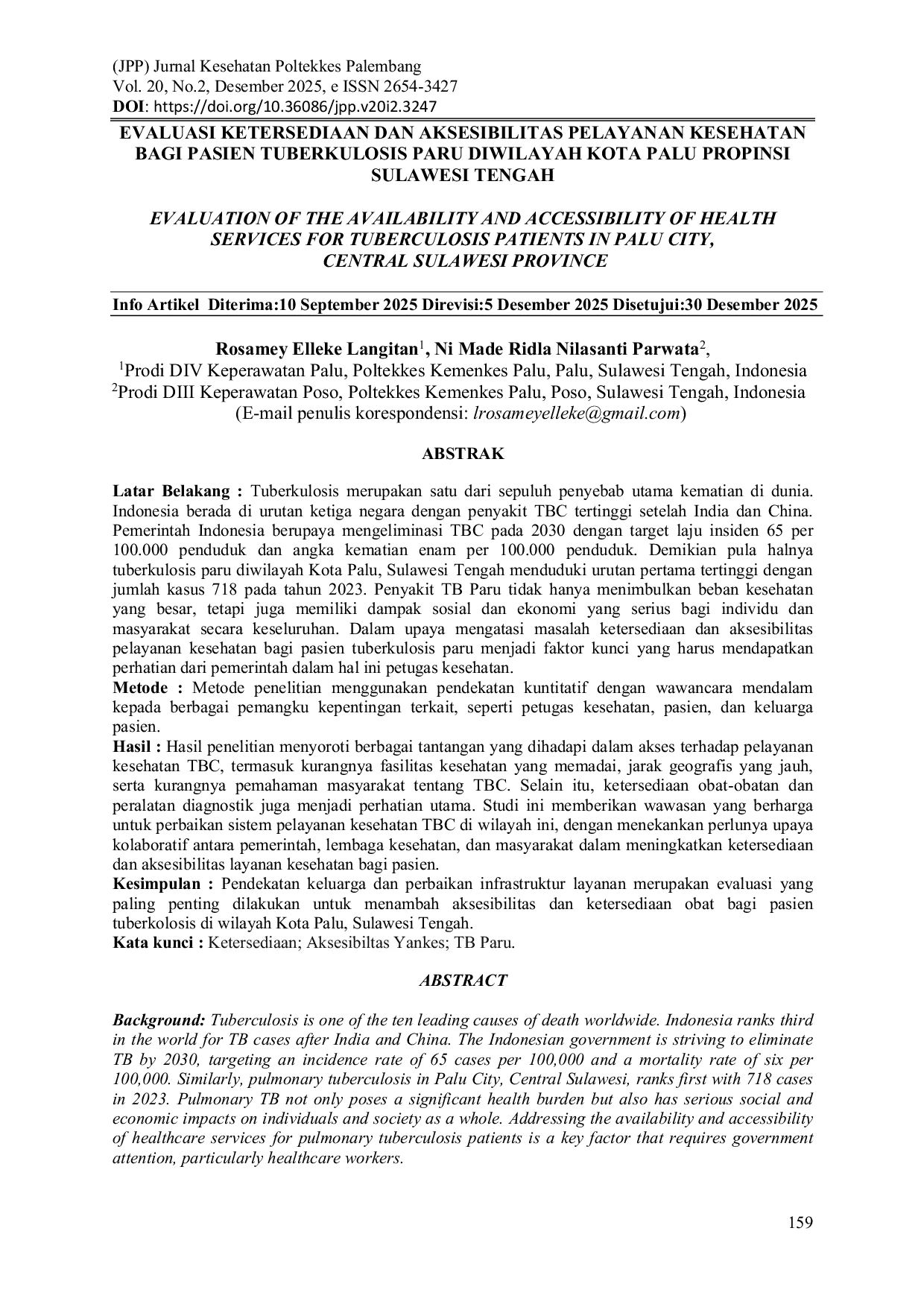 JURIS Evaluasi Ketersediaan Dan Aksesibilitas Pelayanan Kesehatan Bagi Pasien Tuberkulosis Paru Diwilayah Kota Palu Propinsi Sulawesi Tengah