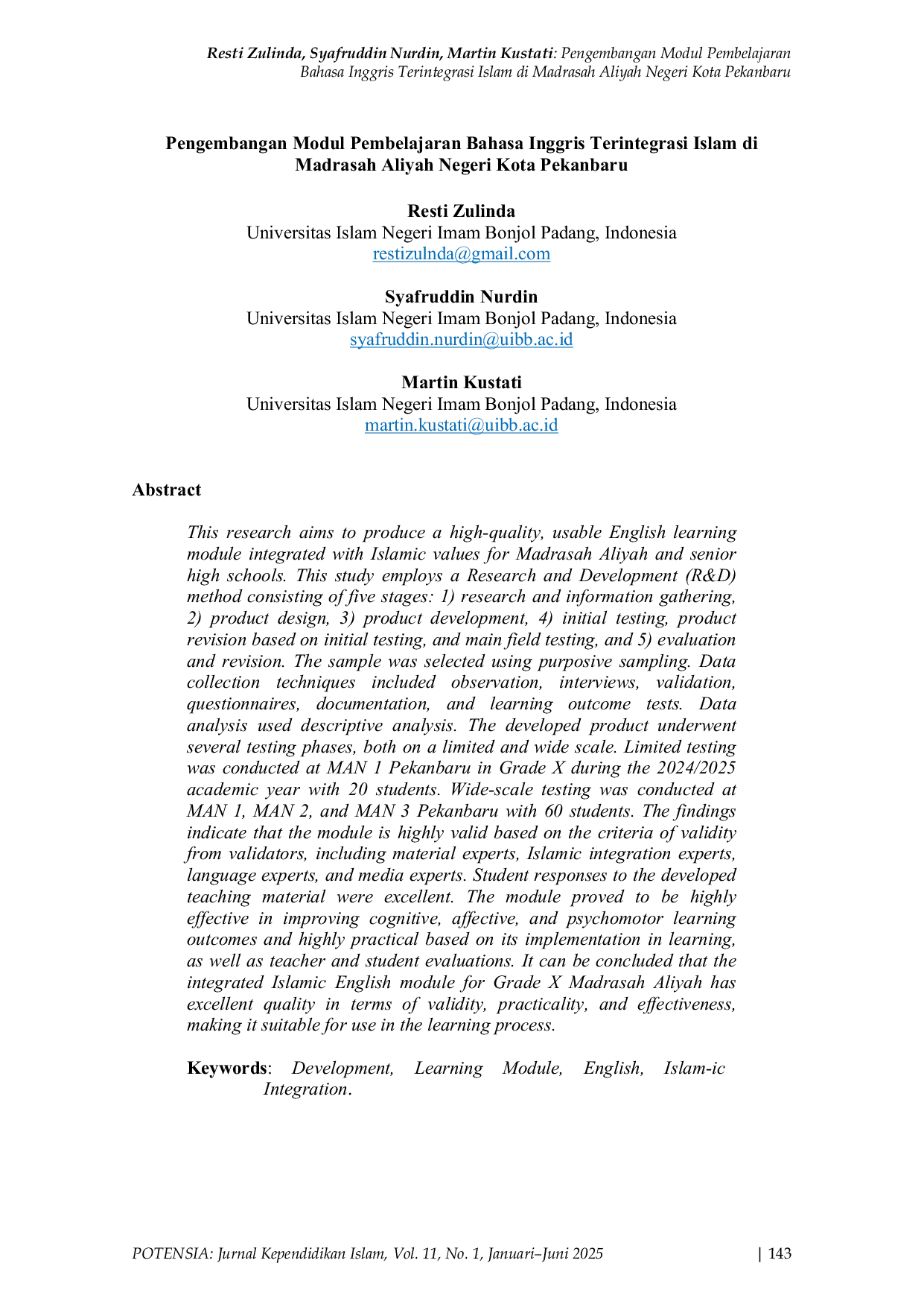 JURIS Pengembangan Modul Pembelajaran Bahasa Inggris Terintegrasi Islam di Madrasah Aliyah Negeri Kota Pekanbaru