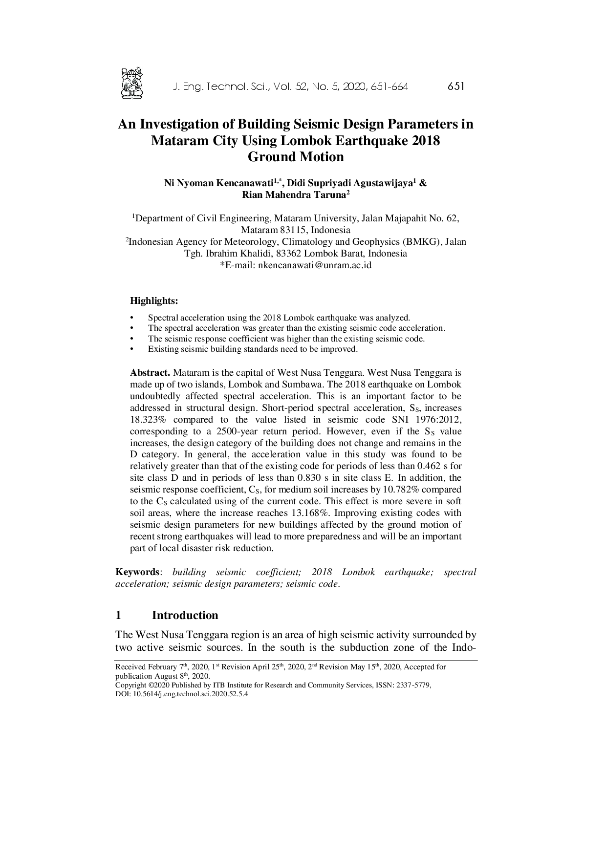 juris An Investigation of Building Seismic Design Parameters in Mataram City Using Lombok Earthquake 2018 Ground Motion
