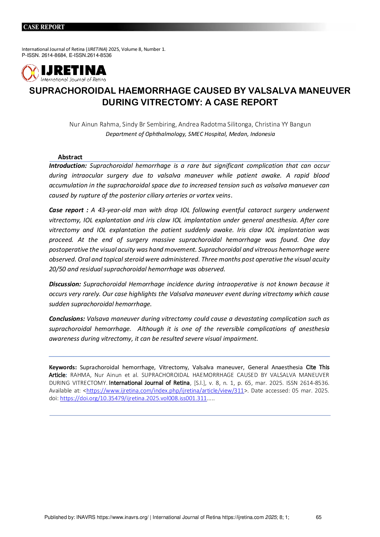 JURIS Suprachoroidal Haemorrhage Caused By Valsalva Maneuver During Vitrectomy A Case Report