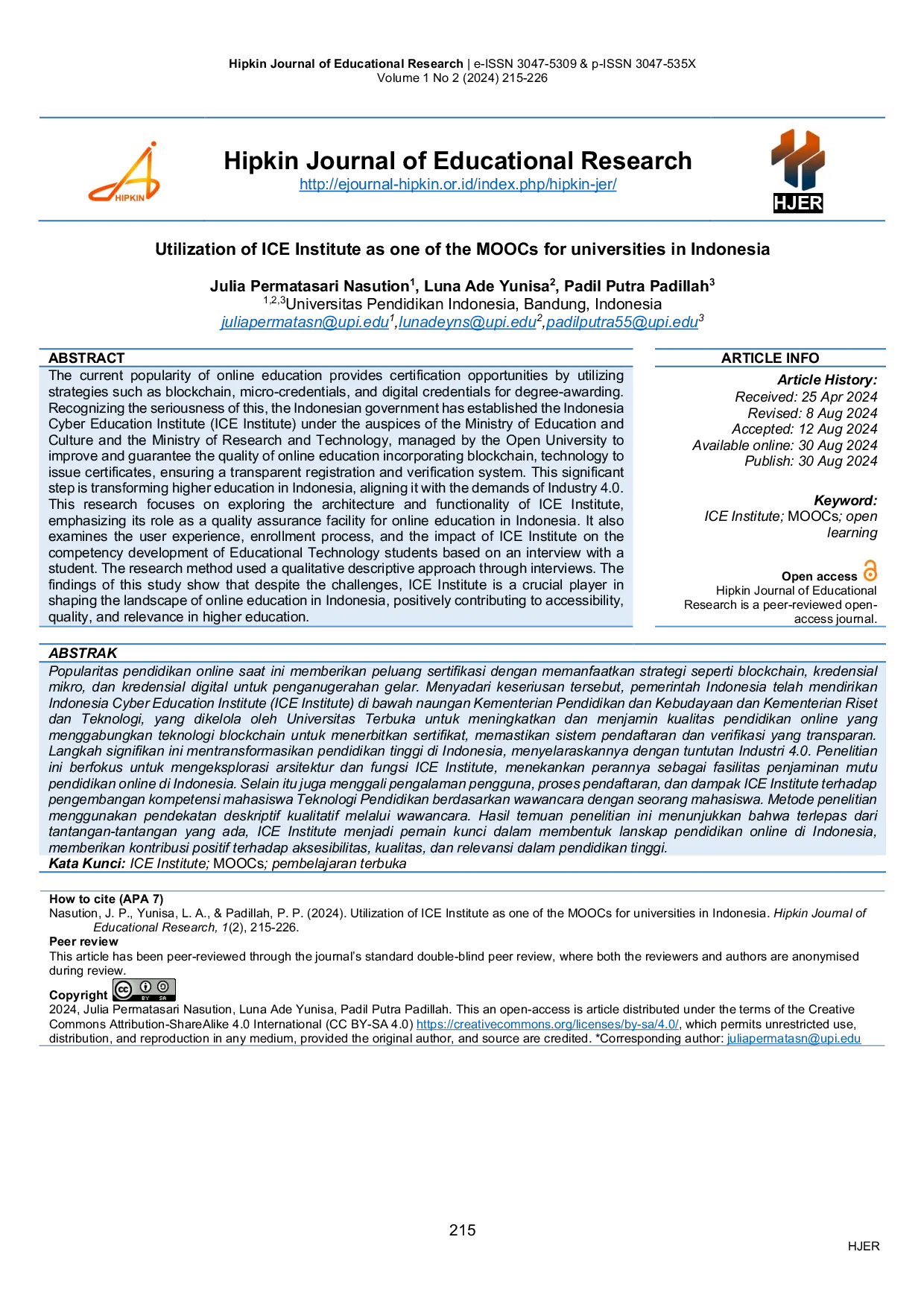 JURIS Utilization of ICE Institute as one of the MOOCs for universities in Indonesia