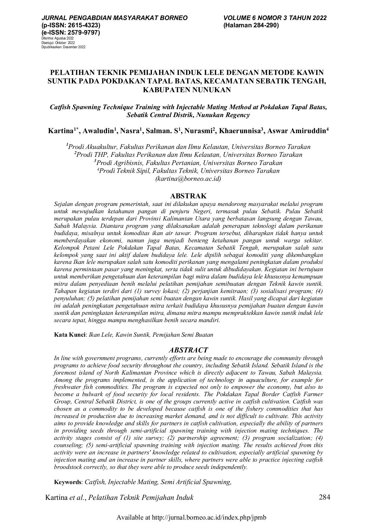 JURIS Pelatihan Teknik Pemijahan Induk Lele Dengan Metode Kawin Suntik Pada Pokdakan Tapal Batas Kecamatan Sebatik Tengah Kabupaten Nunukan