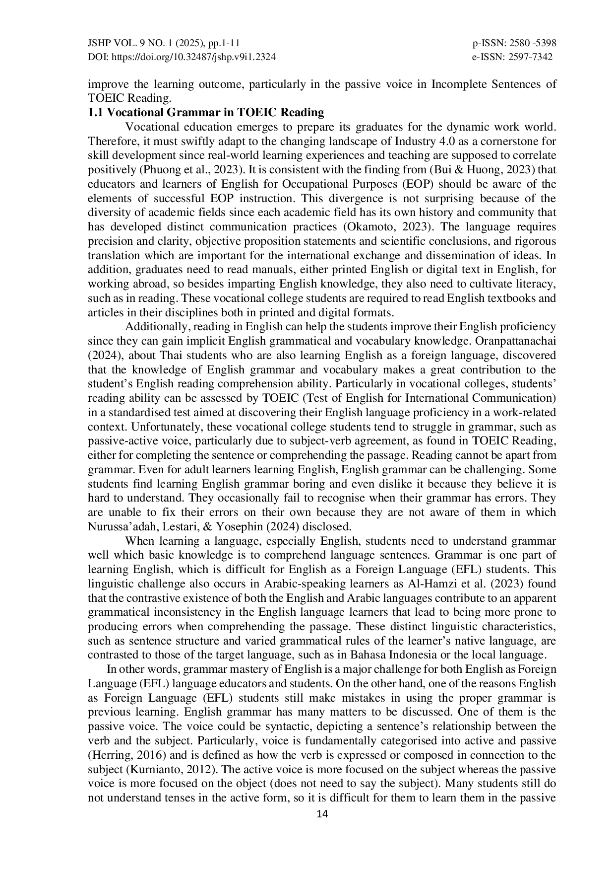 JURIS Vocational English Grammar Computer Engineering Students Misformation Error Analysis on Auxiliary Verbs of Passive Voice in TOEIC Reading