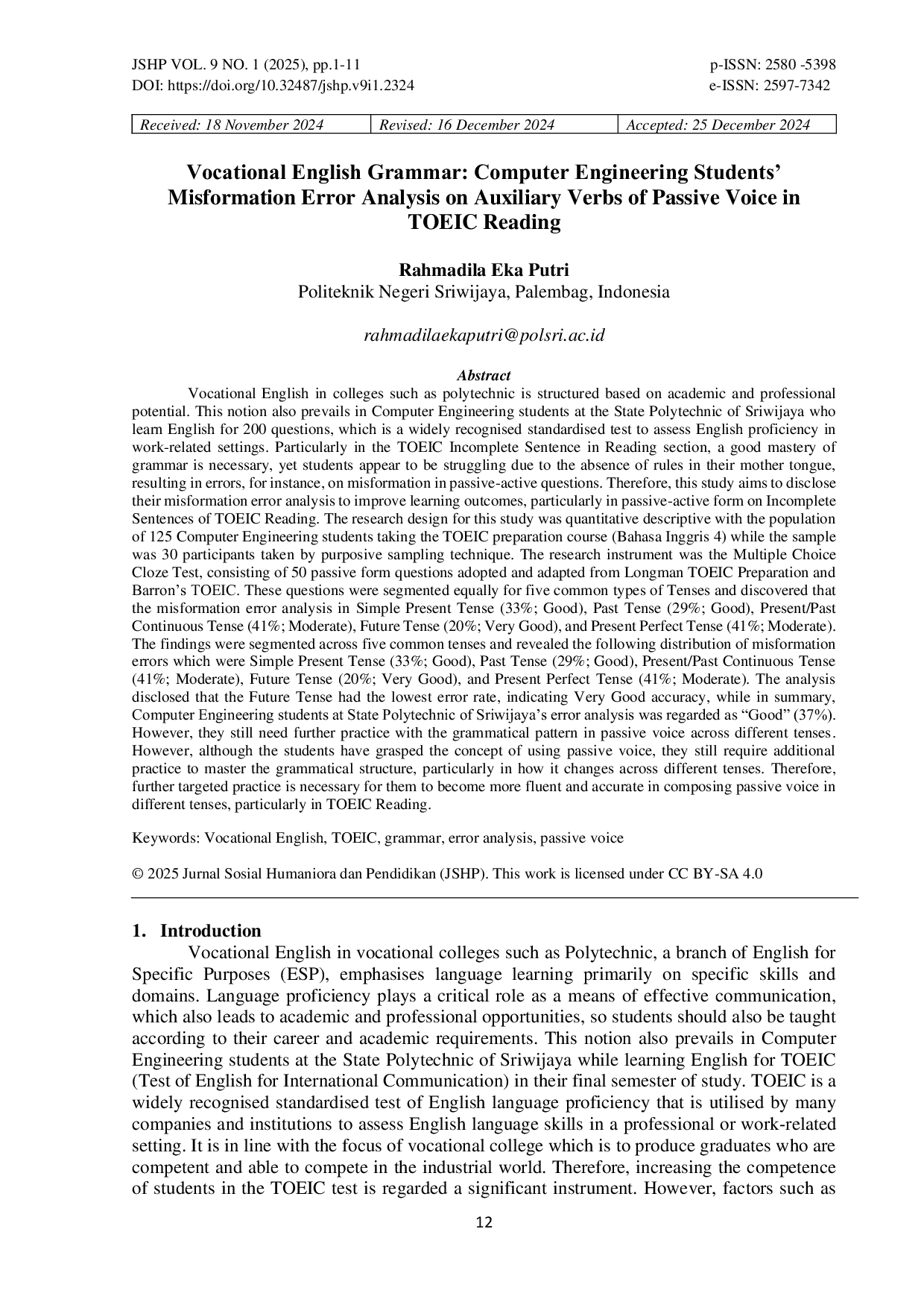 JURIS Vocational English Grammar Computer Engineering Students Misformation Error Analysis on Auxiliary Verbs of Passive Voice in TOEIC Reading
