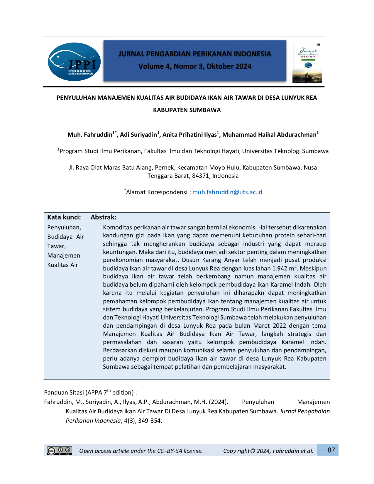 JURIS Manajemen Kualitas Air Budidaya Ikan Air Tawar Di Desa Lunyuk Rea Kabupaten Sumbawa