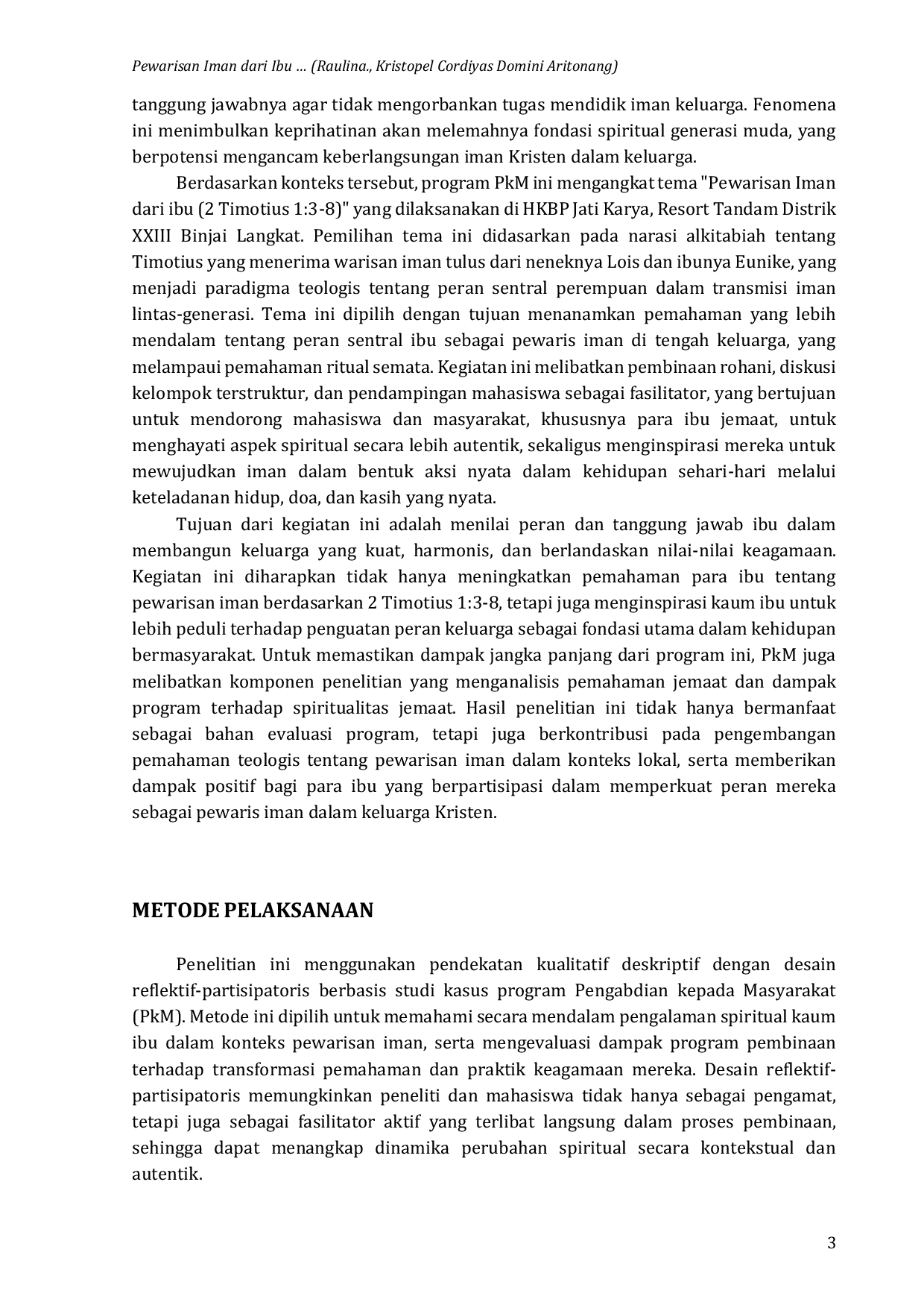 JURIS Pewarisan Iman Dari Ibu Peran Ibu Dalam Membangun Fondasi Iman Anak Menurut 2 Timotius 1 3 8