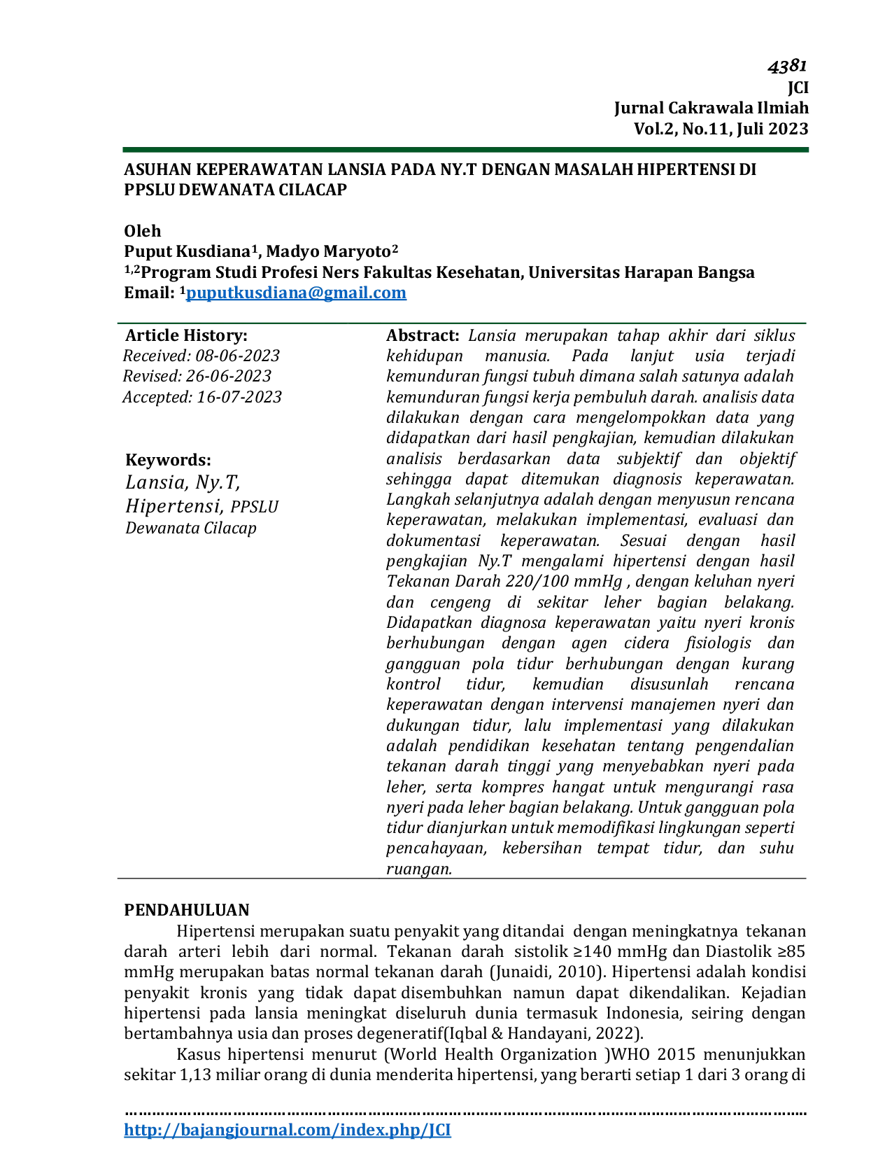 JURIS Asuhan Keperawatan Lansia Pada Ny T Dengan Masalah Hipertensi Di PPSLU Dewanata Cilacap