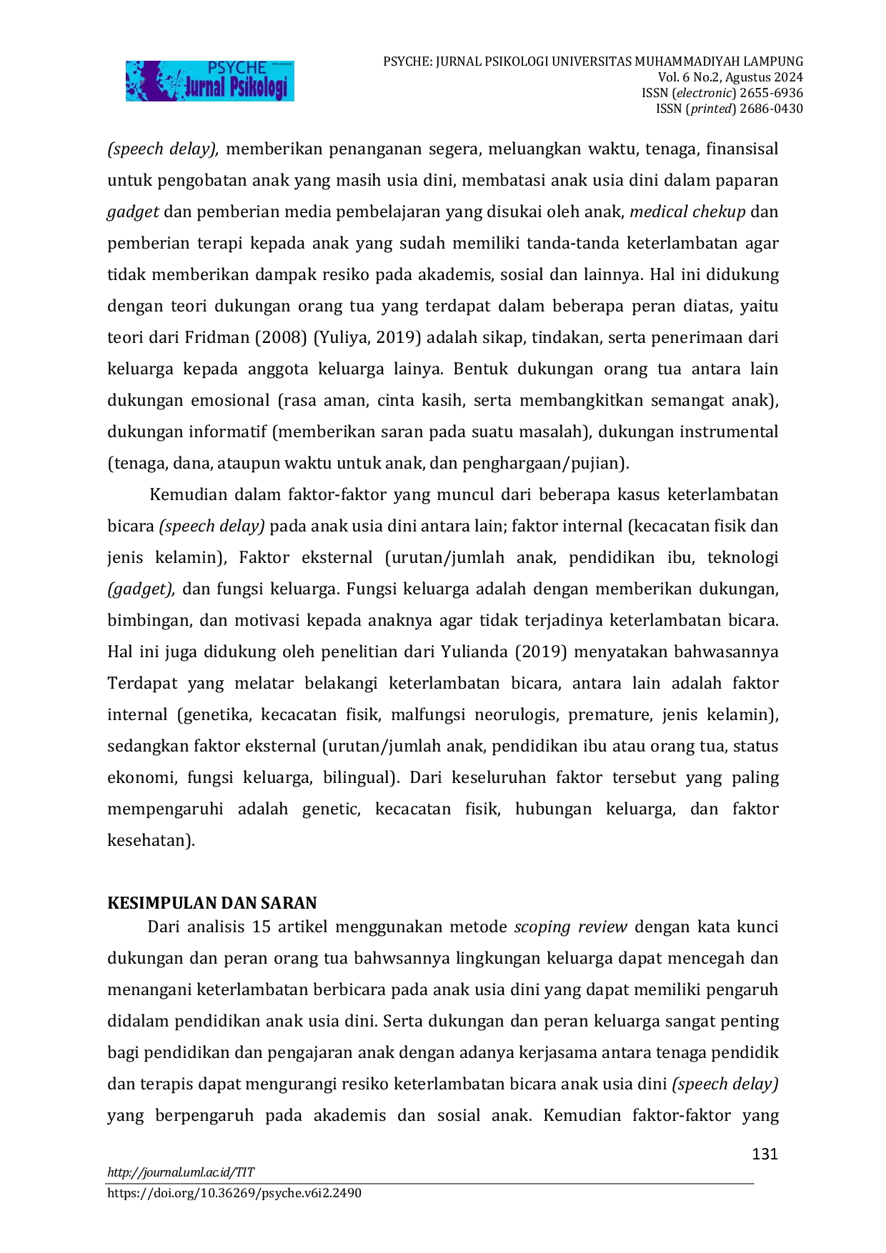 JURIS Analisis Dukungan Dan Peran Keluarga Pada Pendidikan Anak Usia Dini Dengan Keterlambatan Bicara