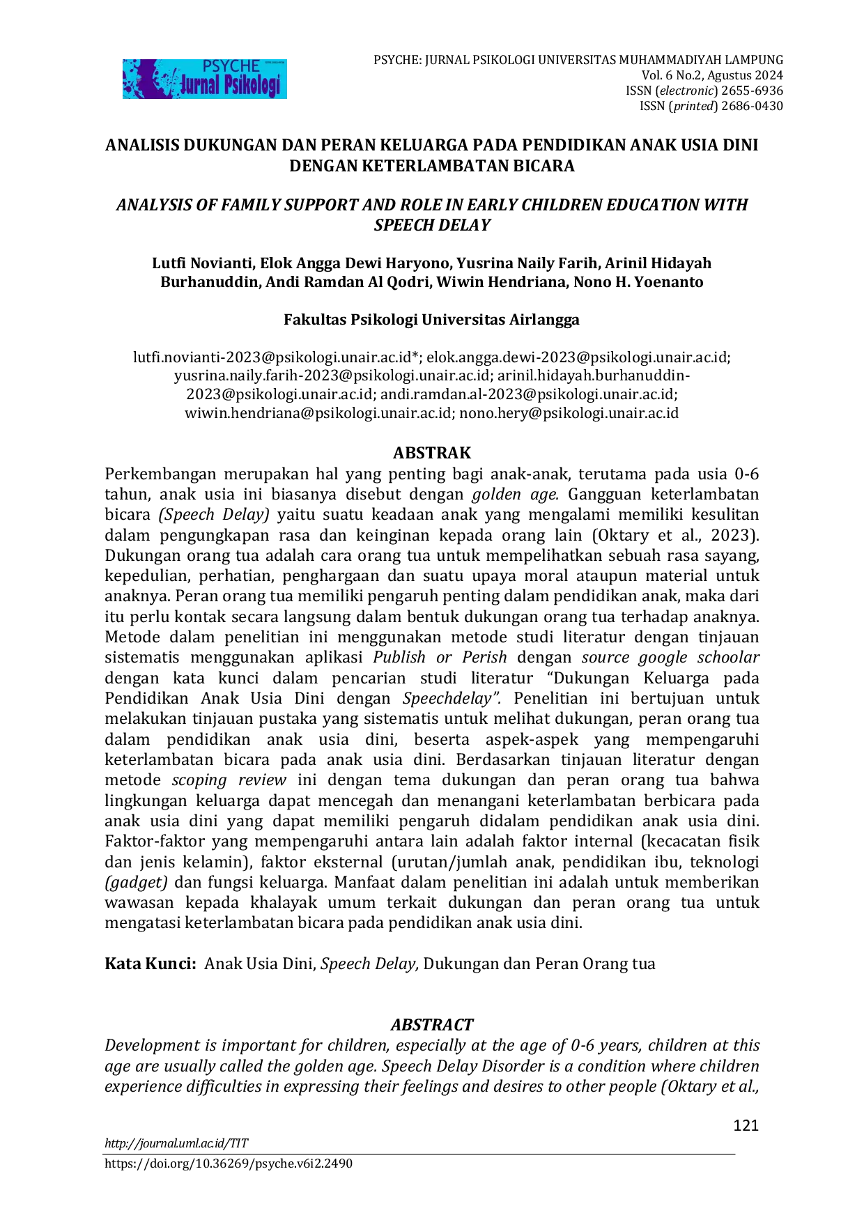 JURIS Analisis Dukungan Dan Peran Keluarga Pada Pendidikan Anak Usia Dini Dengan Keterlambatan Bicara