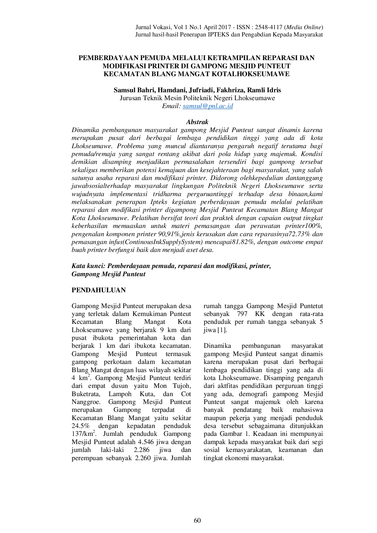 JURIS Pemberdayaan Pemuda Melalui Ketrampilan Reparasi dan Modifikasi Printer di Gampong Mesjid Punteut Kecamatan Blang Mangat Kota Lhokseumawe