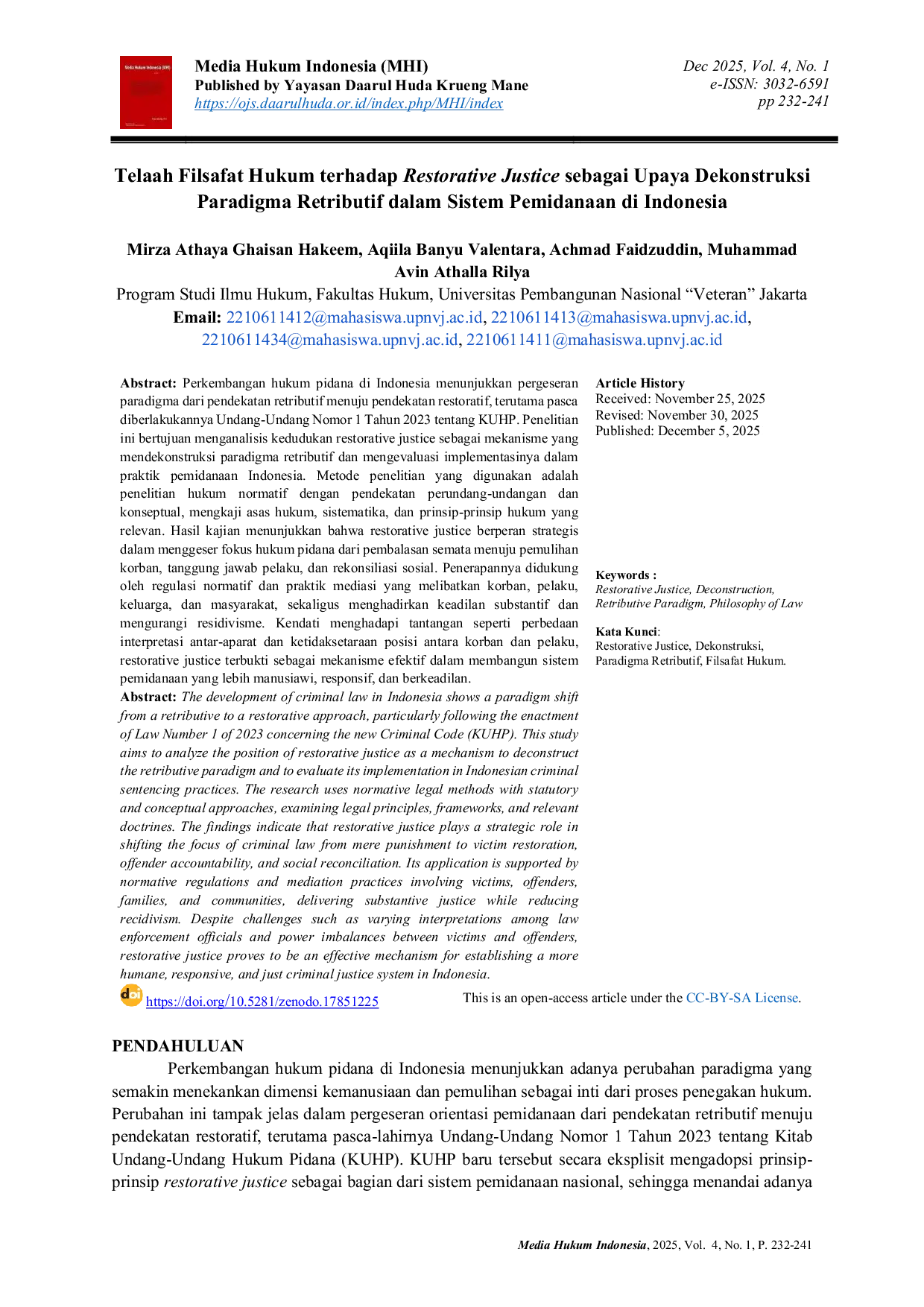 JURIS Telaah Filsafat Hukum terhadap Restorative Justice sebagai Upaya Dekonstruksi Paradigma Retributif dalam Sistem Pemidanaan di Indonesia