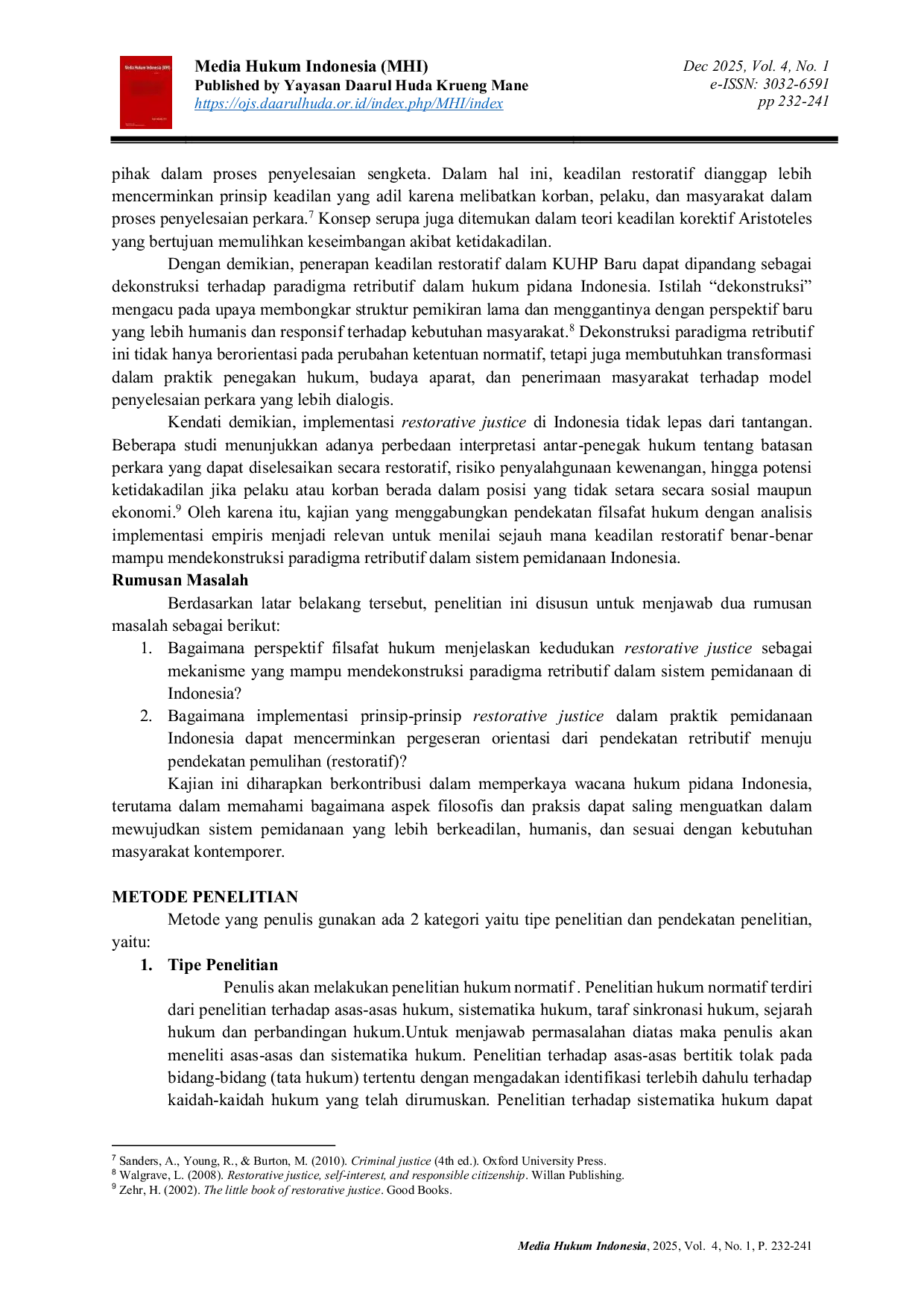 JURIS Telaah Filsafat Hukum terhadap Restorative Justice sebagai Upaya Dekonstruksi Paradigma Retributif dalam Sistem Pemidanaan di Indonesia