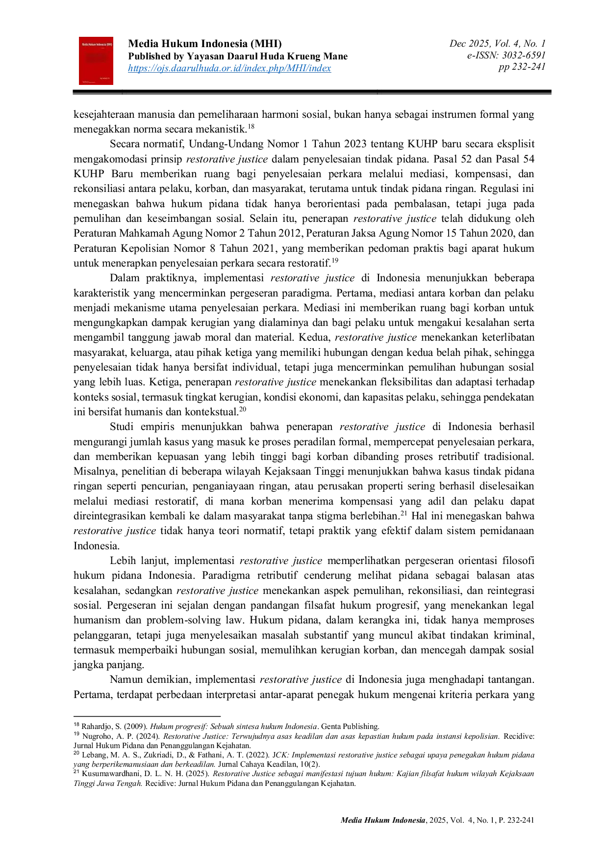 JURIS Telaah Filsafat Hukum terhadap Restorative Justice sebagai Upaya Dekonstruksi Paradigma Retributif dalam Sistem Pemidanaan di Indonesia