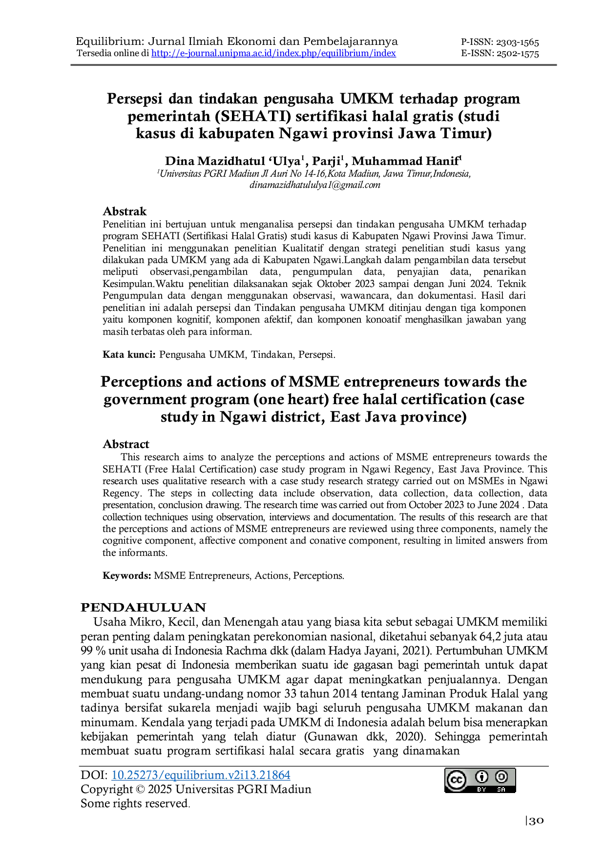 JURIS Persepsi dan tindakan pengusaha UMKM terhadap program pemerintah SEHATI sertifikasi halal gratis studi kasus di kabupaten Ngawi provinsi Jawa Timur