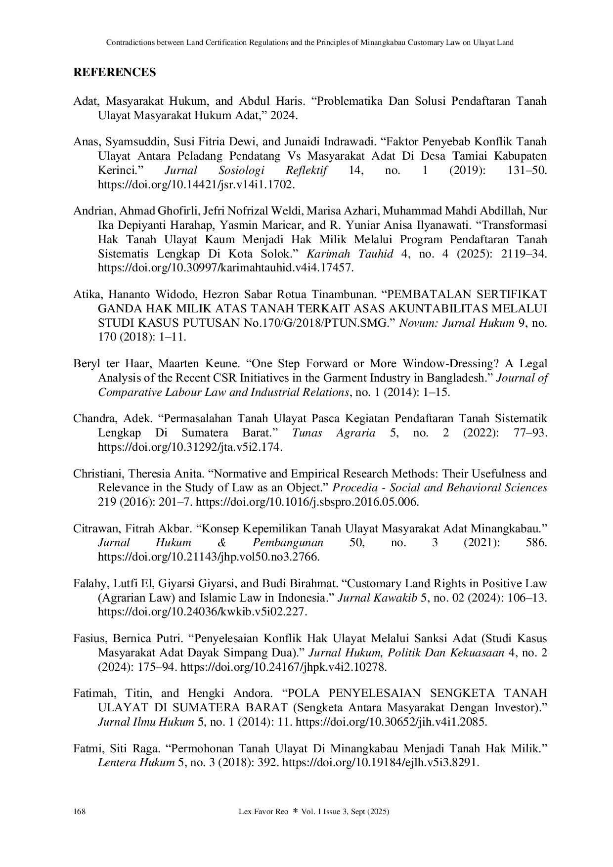 JURIS Contradictions between Land Certification Regulations and the Principles of Minangkabau Customary Law on Ulayat Land