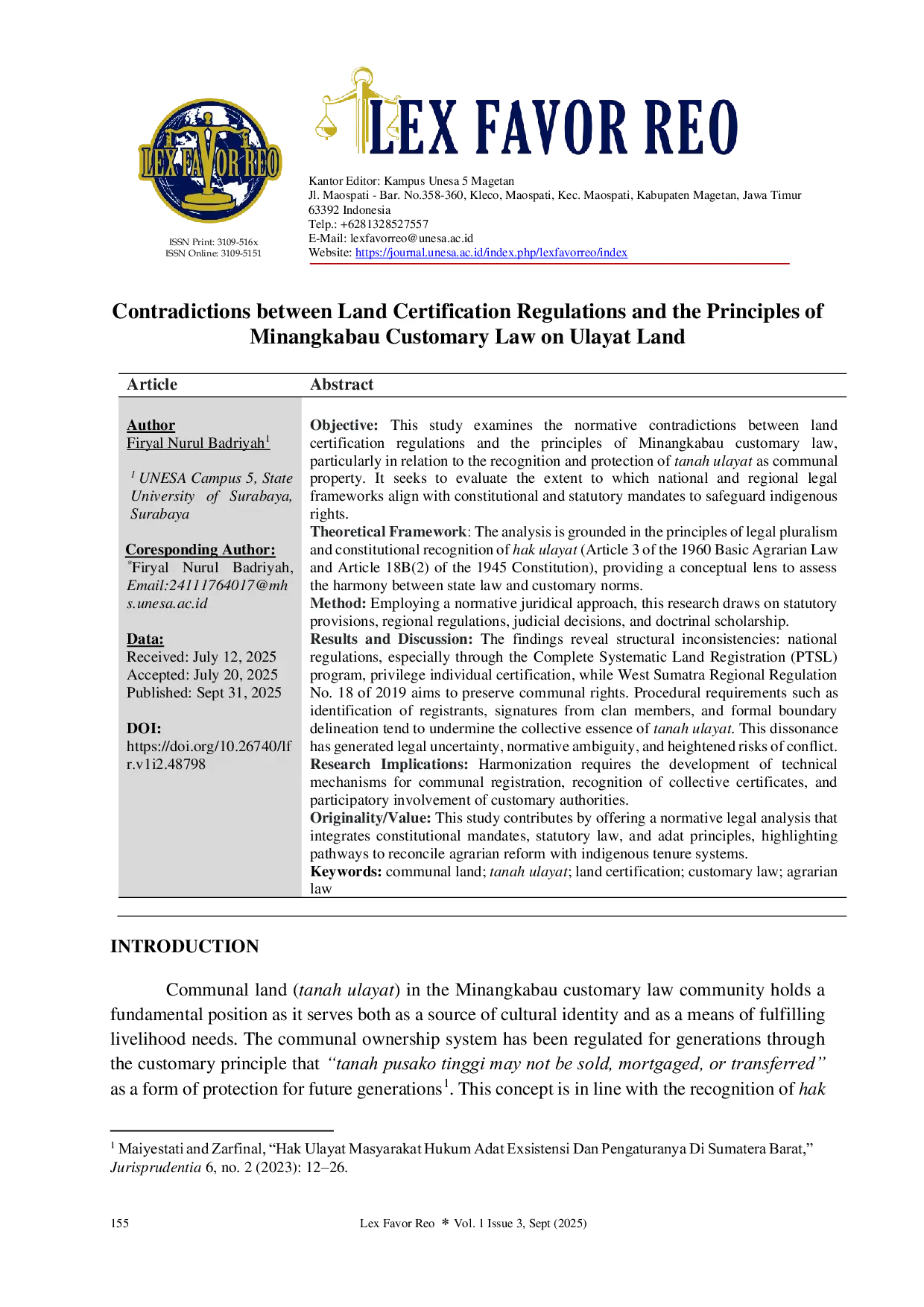 JURIS Contradictions between Land Certification Regulations and the Principles of Minangkabau Customary Law on Ulayat Land