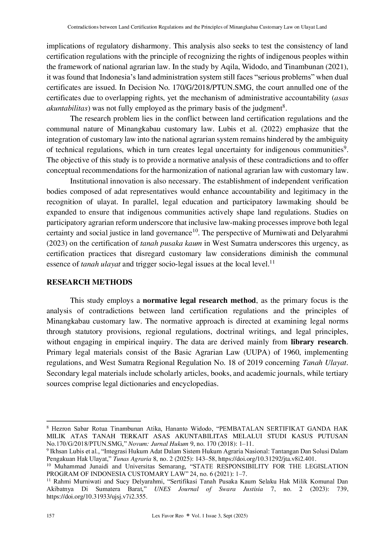 JURIS Contradictions between Land Certification Regulations and the Principles of Minangkabau Customary Law on Ulayat Land