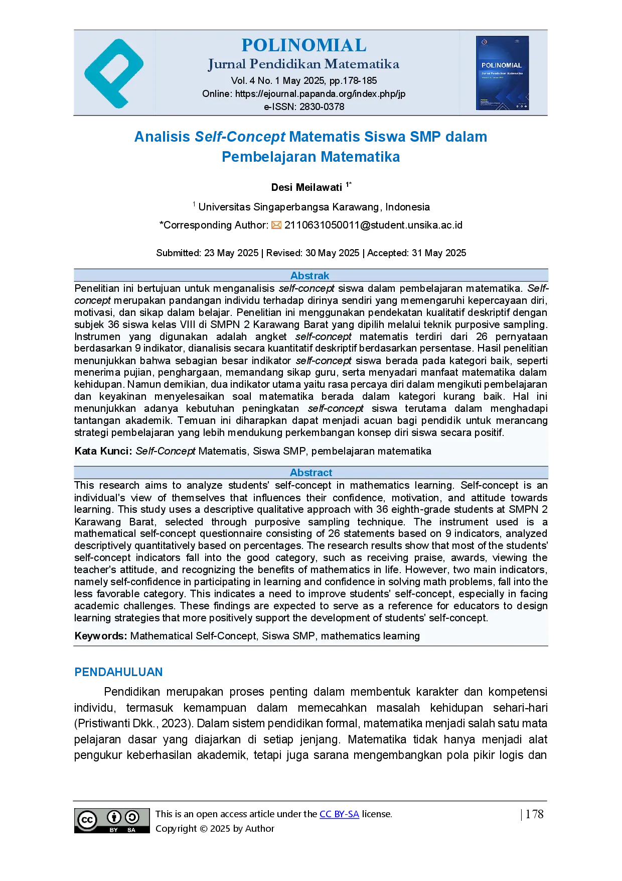 juris Analisis Self Concept Matematis Siswa SMP dalam Pembelajaran Matematika