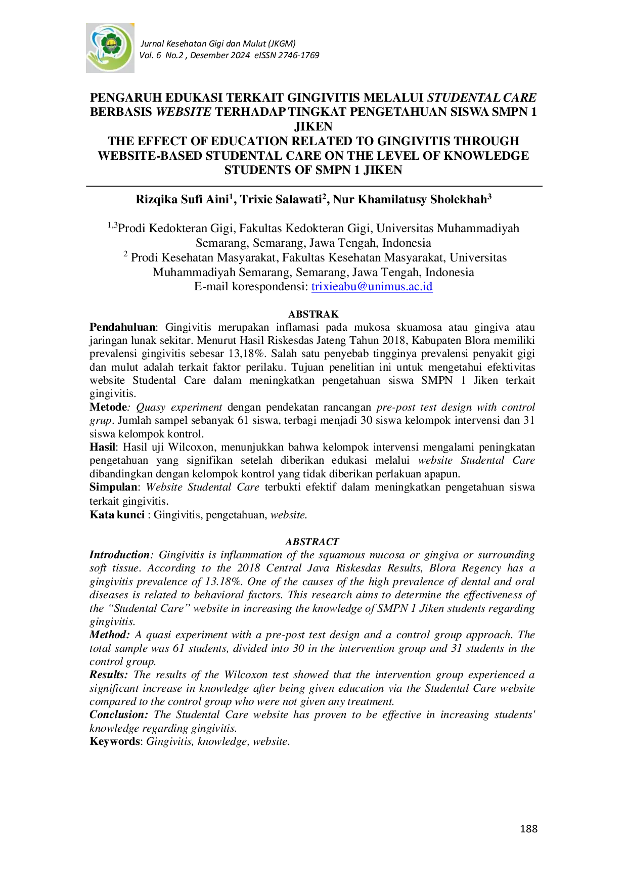 JURIS Pengaruh Edukasi Terkait Gingivitis Melalui Studental Care Berbasis Website Terhadap Tingkat Pengetahuan Siswa SMPN 1 Jiken