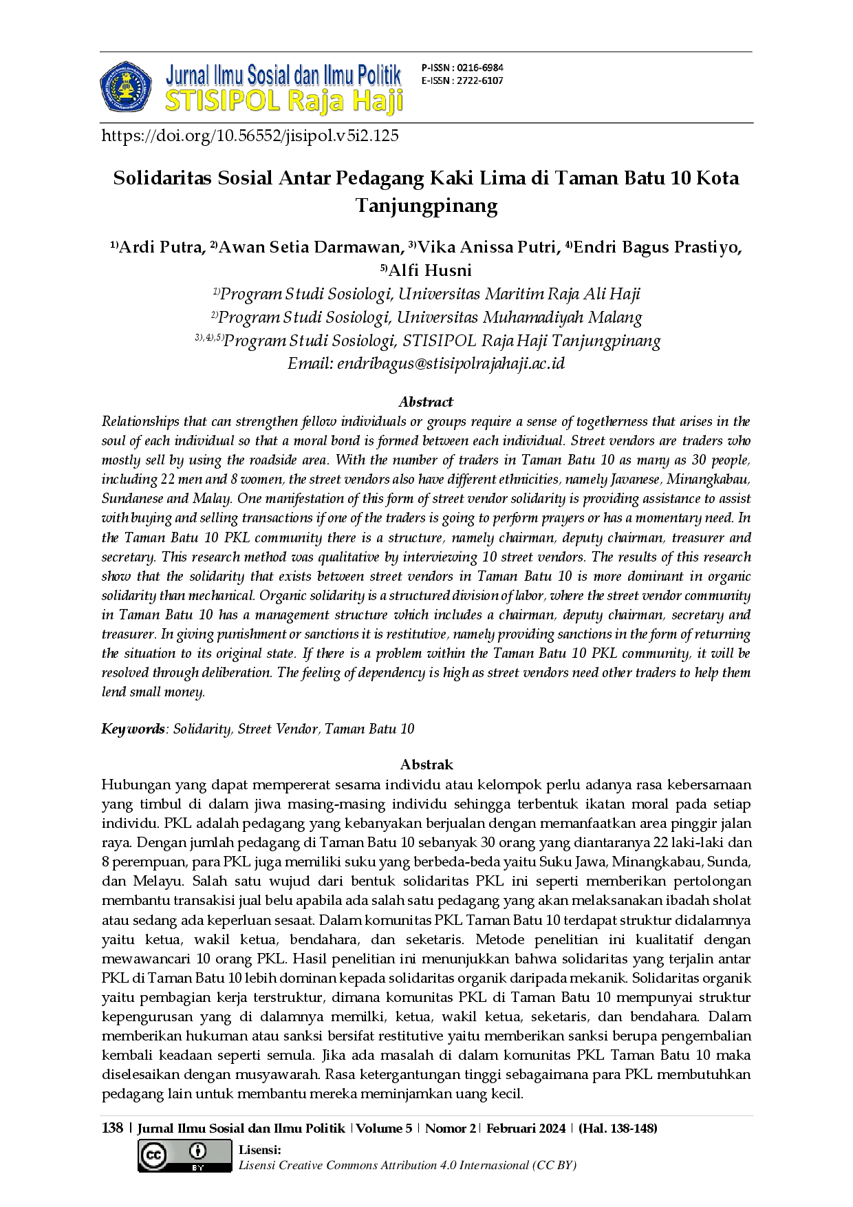 juris Solidaritas Sosial Antar Pedagang Kaki Lima Di Taman Batu 10 Kota Tanjungpinang