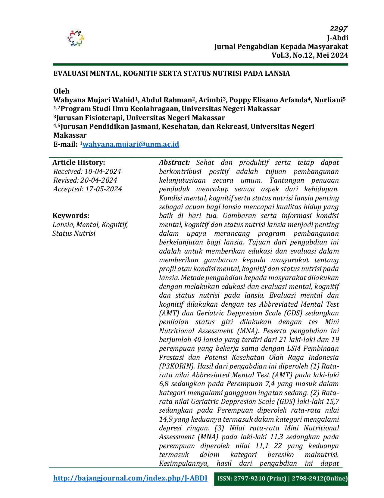 JURIS Evaluasi Mental Kognitif Serta Status Nutrisi Pada Lansia