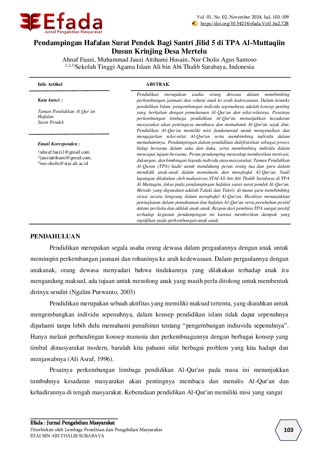 JURIS Pendampingan Hafalan Surat Pendek Bagi Santri Jilid 5 di TPA Al Muttaqiin Dusun Krinjing Desa Mertelu