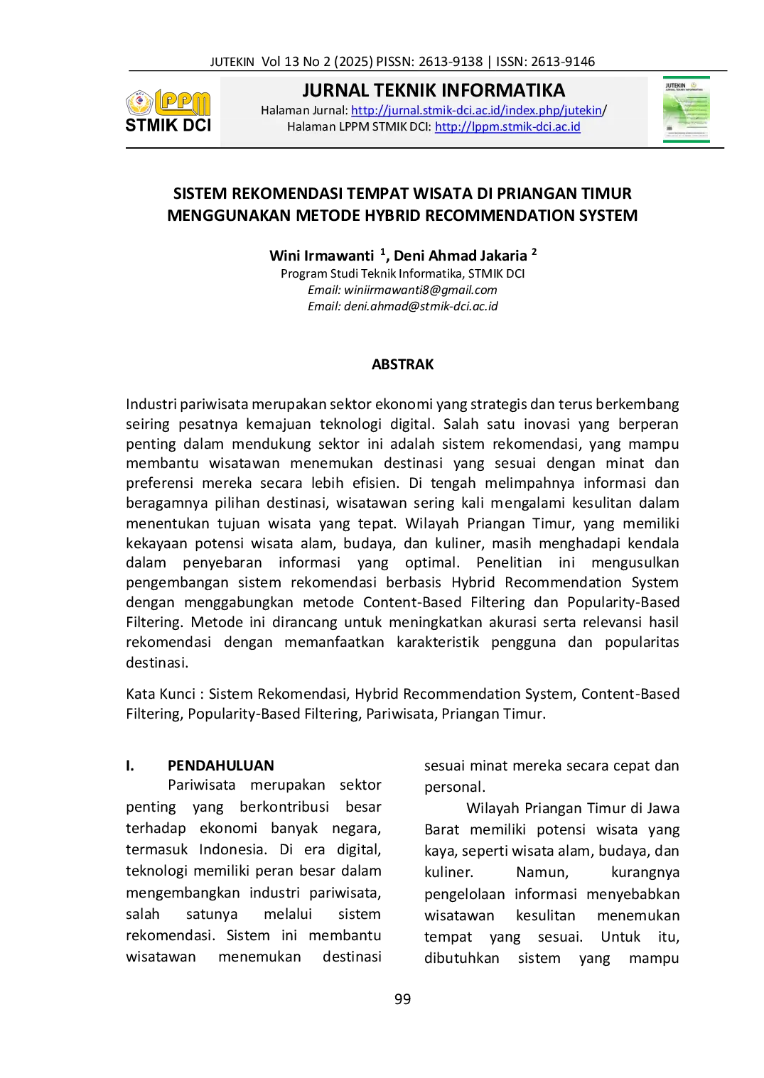 JURIS Sistem Rekomendasi Tempat Wisata di Priangan Timur Menggunakan Metode Hybrid Recommendation System