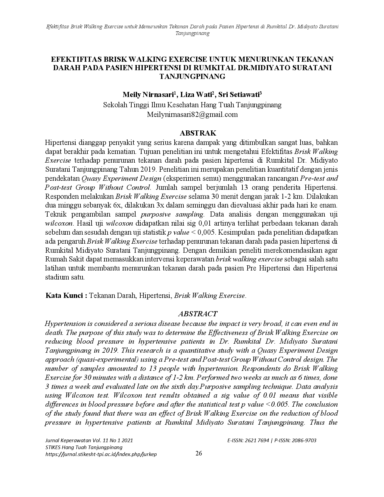 juris Efektifitas Brisk Walking Exercise untuk Menurunkan Tekanan Darah pada Pasien Hipertensi di Rumkital Dr Midiyato Suratani Tanjungpinang