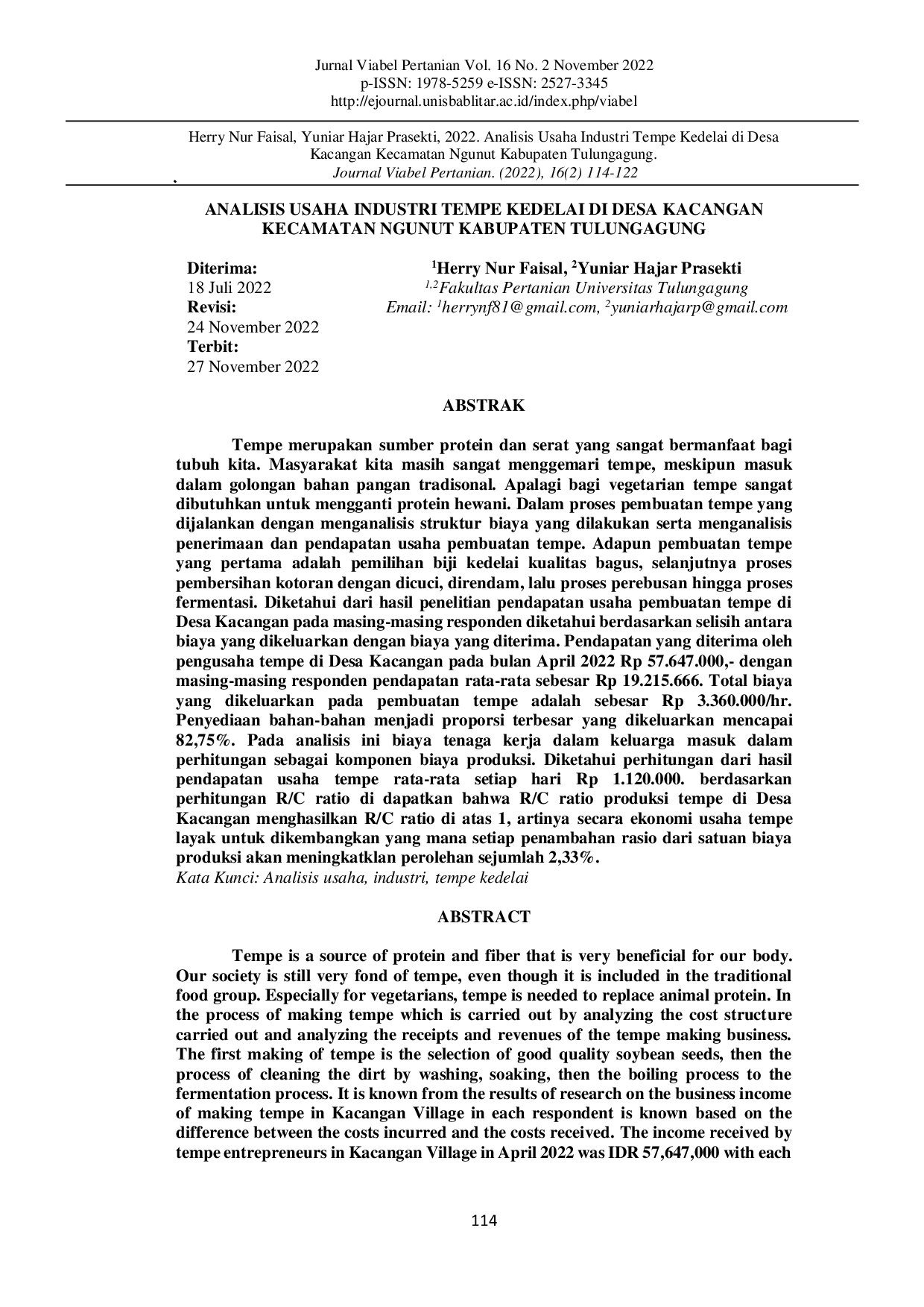 JURIS Analisis Usaha Industri Tempe Kedelai di Desa Kacangan Kecamatan Ngunut Kabupaten Tulungagung