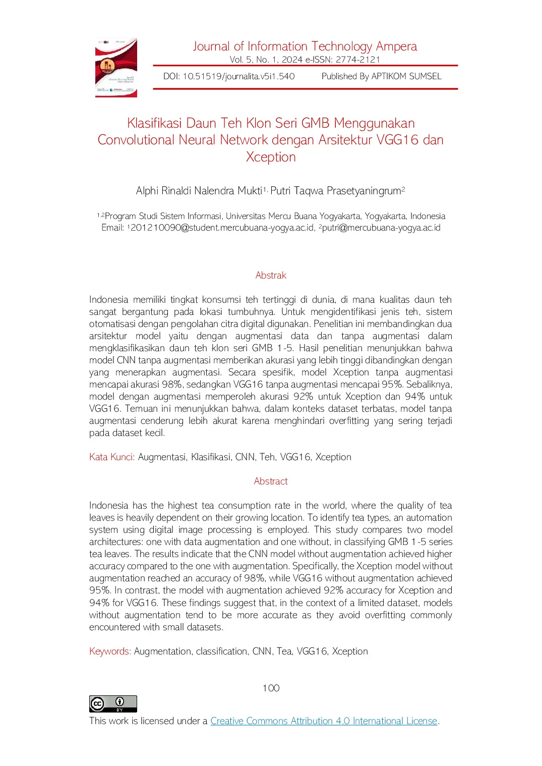 JURIS Klasifikasi Daun Teh Klon Seri GMB Menggunakan Convolutional Neural Network dengan Arsitektur VGG16 dan Xception