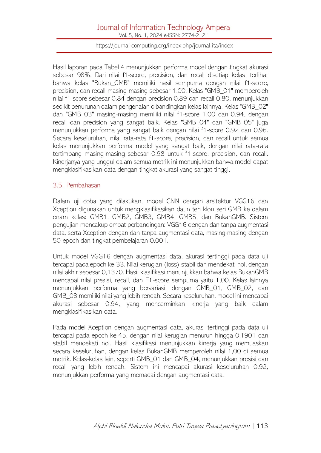 JURIS Klasifikasi Daun Teh Klon Seri GMB Menggunakan Convolutional Neural Network dengan Arsitektur VGG16 dan Xception