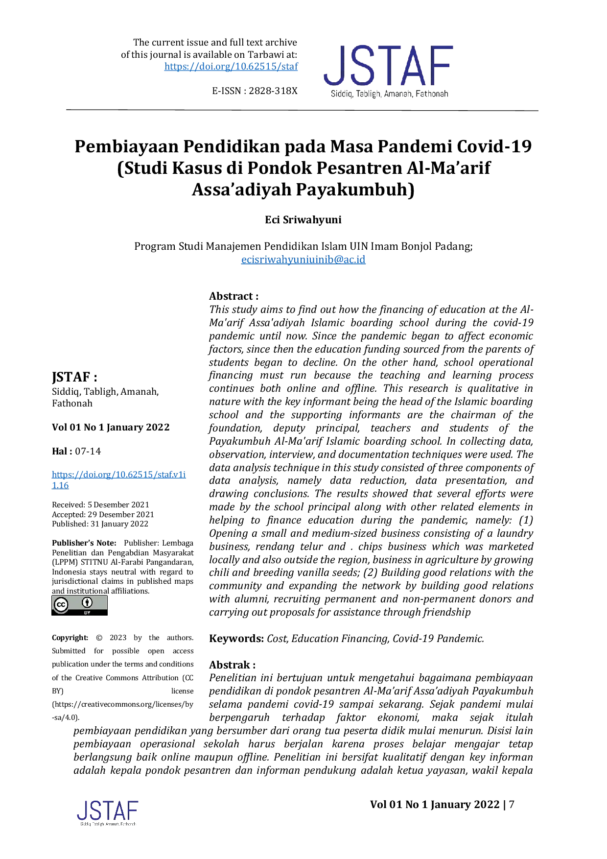 JURIS Pembiayaan Pendidikan pada Masa Pandemi Covid 19 Studi Kasus di Pondok Pesantren Al Ma arif Assa adiyah Payakumbuh