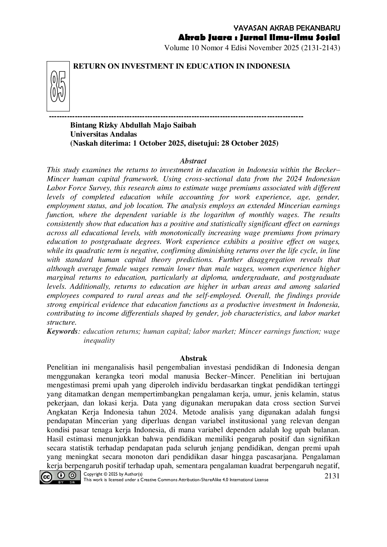 JURIS Return On Investment In Education In Indonesia