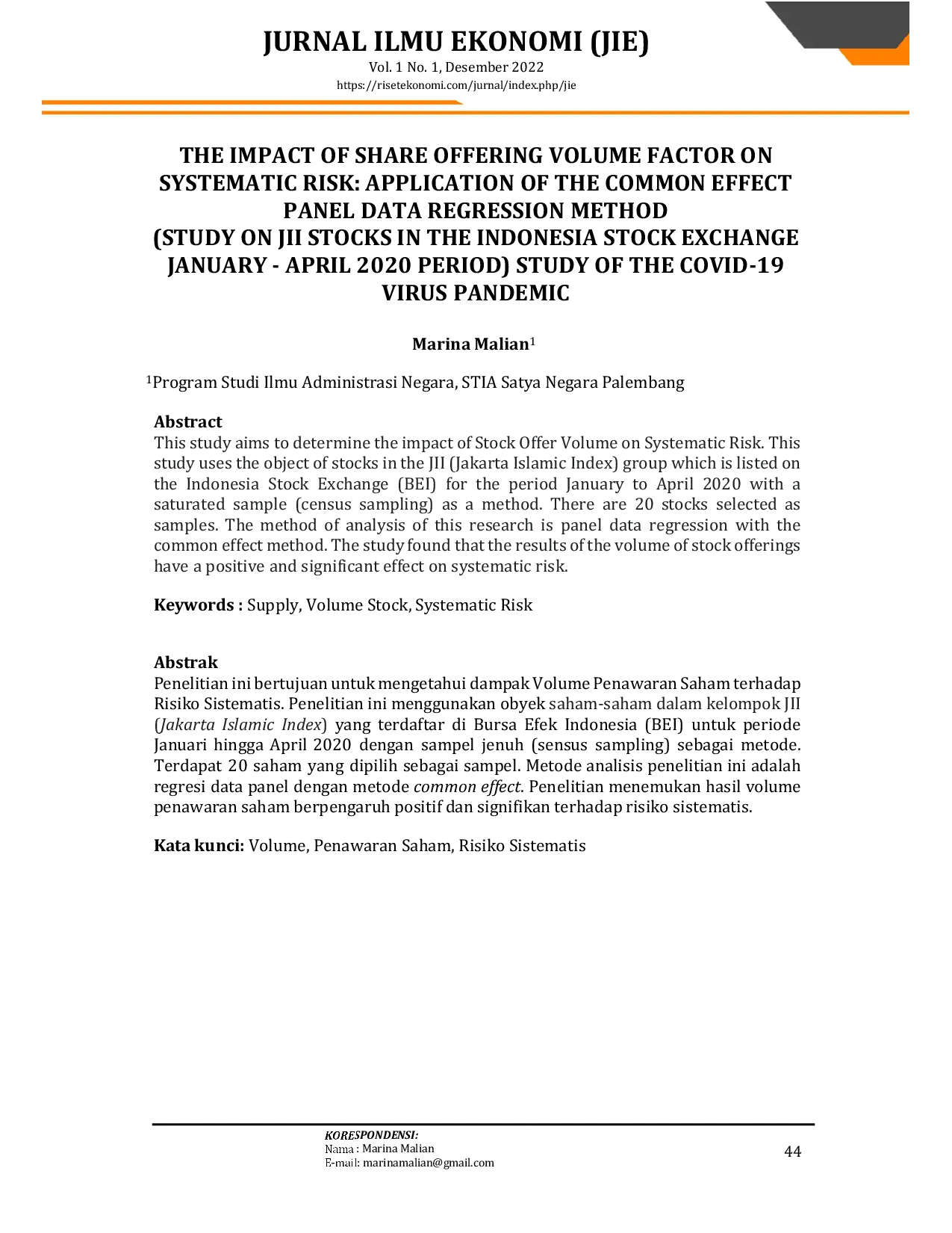 JURIS The Impact of Share Offering Volume Factor on Systematic Risk Application of the Common Effect Panel Data Regression Method